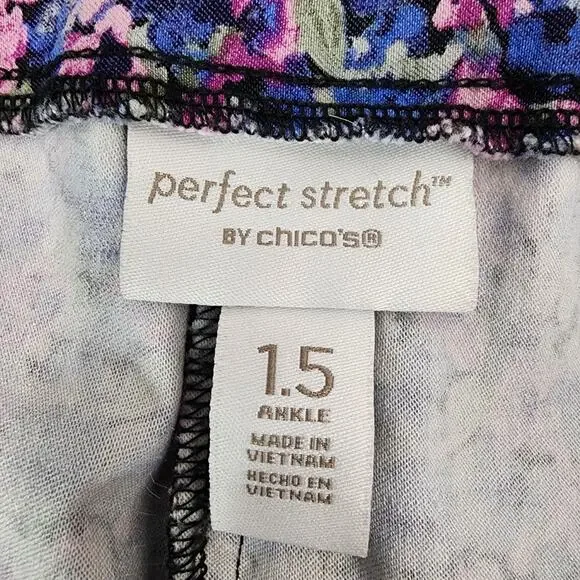 Chico's Perfect Stretch Womens Ankle Pants 10 Floral Pull On Pockets Pink Blue - Picture 7 of 10